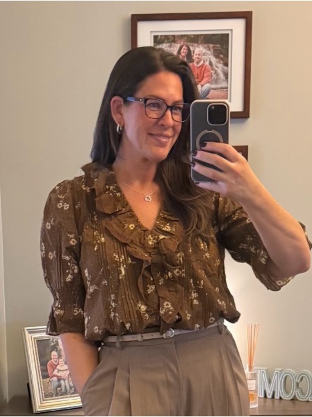 Anthropologie Brown Floral Ruffle Pin-tuck Button-Front Blouse NWOT
